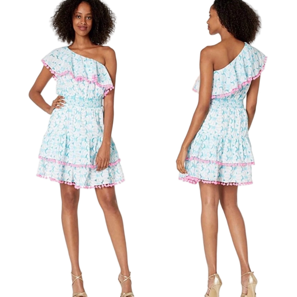 🎠Lilly Pulitzer Embroidered Fabric Addilyn one shoulder eyelet Pom Pom dress S - Picture 2 of 12